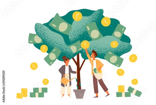 Business investment profit flat vector illustration. Revenue and income metaphor. Businessman and businesswoman characters picking cash from money tree. Investors strategy, funding concept.