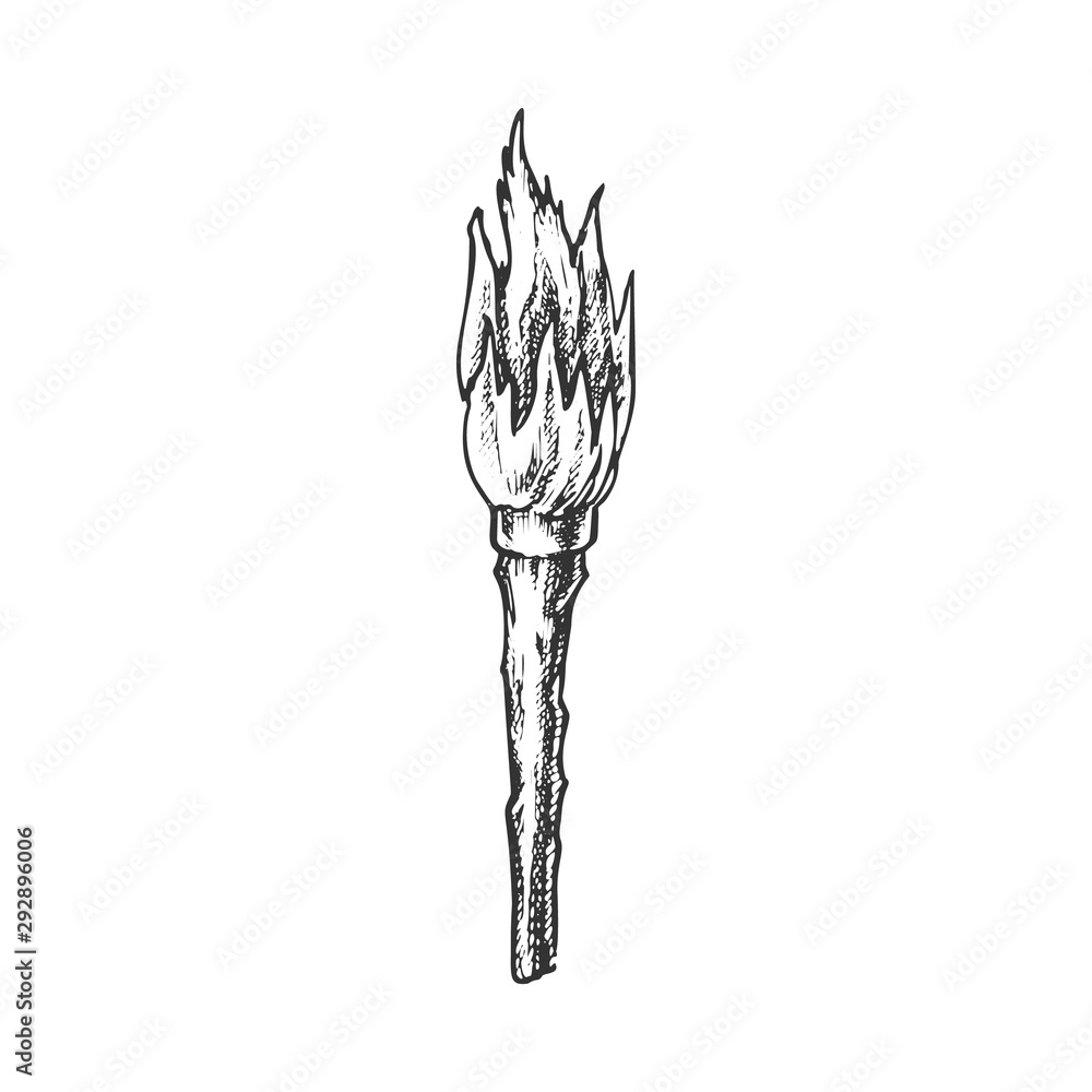 Fototapeta premium Torch Handmade Old Wooden Burning Stick Ink Vector. Torch With Combustible Material, Lighting Night Equipment. Burn With Tongue Engraving Layout Designed In Vintage Style Black And White Illustration