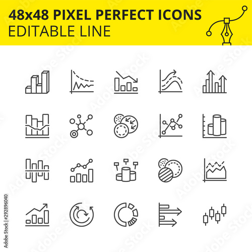 Simple set of graph related, pie diagram, bar charts and graphs line icons. Can be widely used for representing data in many areas such as statistics, data science, math, economics, market. Vector