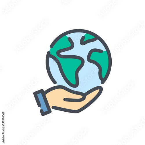 Save earth color line icon. Globe in hand vector outline colorful sign.