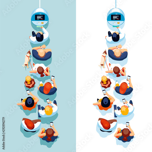A queue of diverse people to the payment terminal and ATM. Flat illustration. View from above.