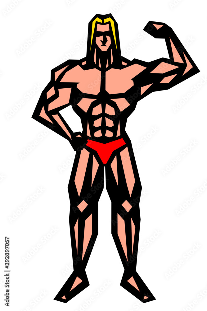 Fototapeta premium 金髪,筋肉,ボディビル,マッチョ,ポーズ,全身,パンツ,ビキニ,白背景,版画,切り絵,喜怒哀楽,表情