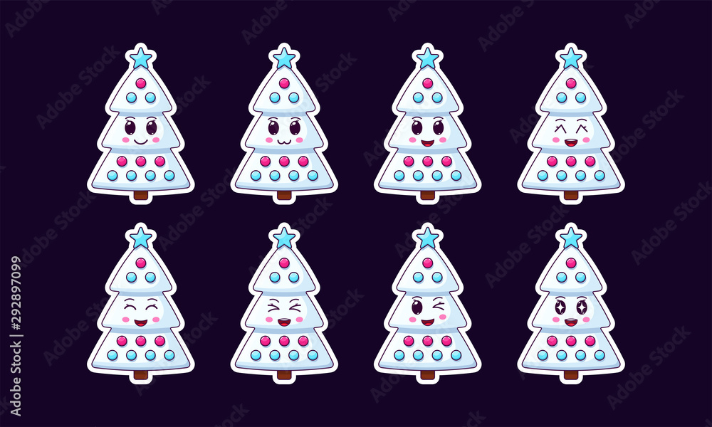 Cartoon Kawaii Tree, Holiday Sticker set. New Year and Xmas collection de Stock | Adobe Stock