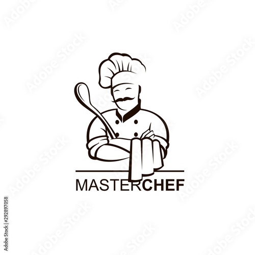 black chef icon isolated with ladle on white background