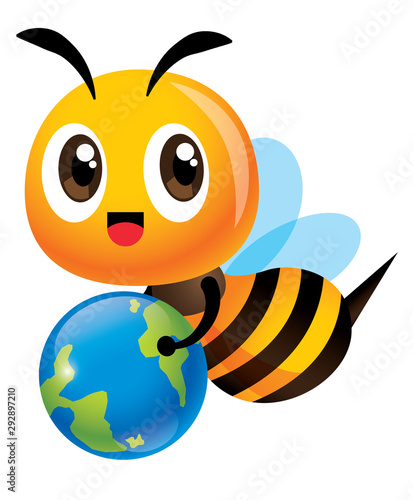 Save the bee and earth. Cartoon cute bee carrying a little earth to educate human to protect the green environment. - vector character