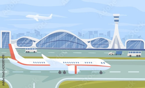 Airport terminal flat vector illustration. Aviation industry, airline company facilities. Airplane on airfield runway color composition. Plane, buses near airport building. Air transport, aircraft.