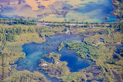 Aerial view of  toxic waste lake from coper mine
