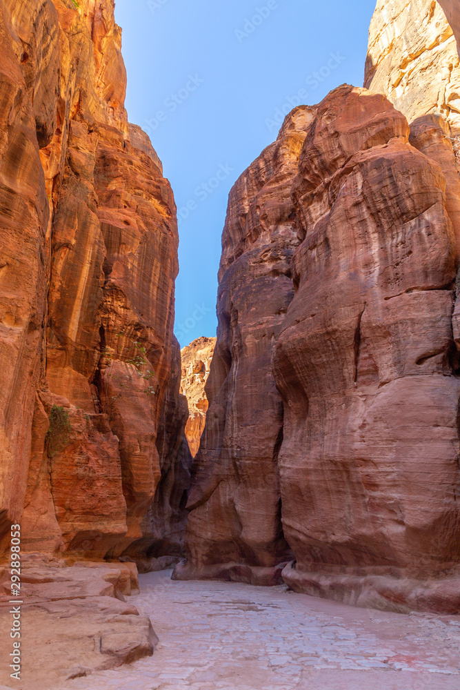 Fototapeta premium Sik canyon. It is the entrance to Petra (ancient city). Petra is the main attraction of Jordan. Petra is included in the UNESCO heritage list.