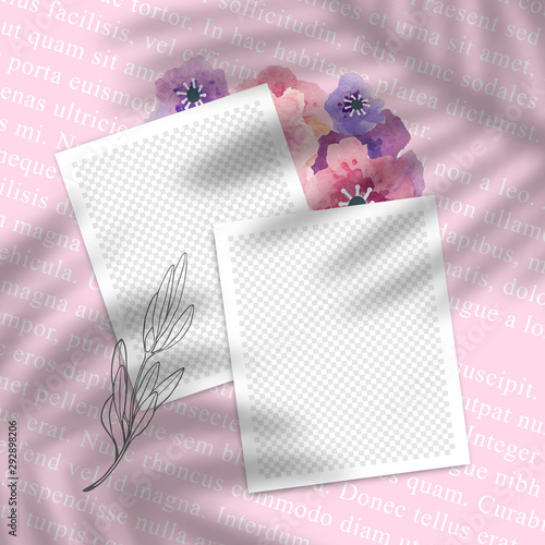 Vector Collage with Photo Frames with Decorative Elements. Watercolor Flowers, Photo and Palm Leaves Shadow Overlay