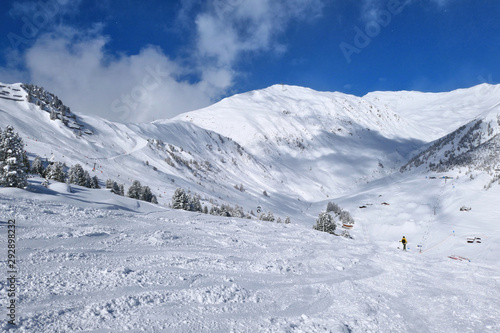 Winter mountains and ski slope in Zillertal Valley in Tyrol.