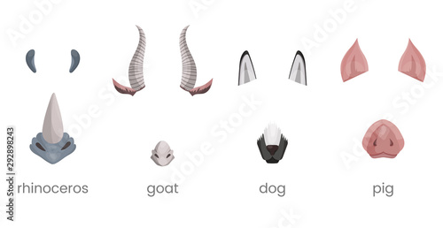 Animal face elements set. Animal ears and nose. Video chart filter effect for selfie photo. Cartoon mask of rhino, goat, dog, pig.