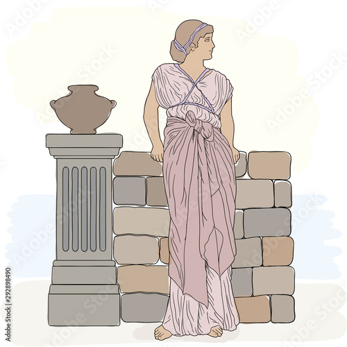 A young woman stands near a stone parapet with jugs.