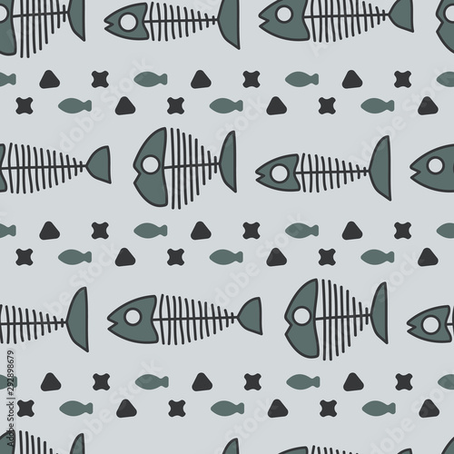 Vector seamless horizontal cat food pattern in grey. Simple abstract doodle kibble and fish skeleton made into repeat. Great for background, wallpaper, wrapping paper, packaging, fashion.