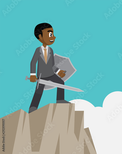 African businessman holding a sword and shield on top of cliff.