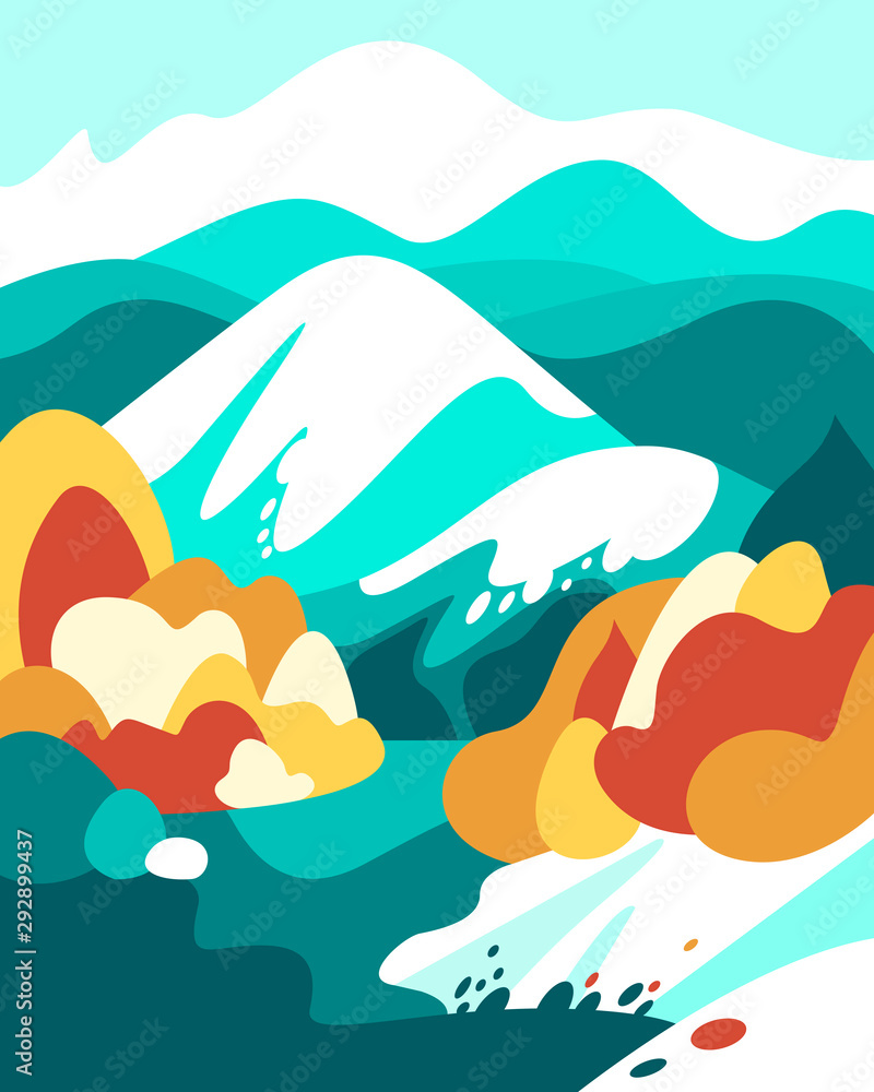 Mountain summer landscape from the foot, slopes, glaciers and snow cap. Forests and trees, river. Banner for tourism, ecology, preservation of the environment. Vector illustration.