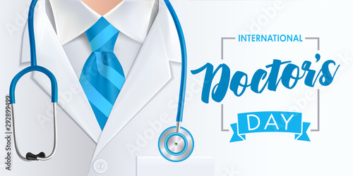 International doctors day greeting card design. Medical health care banner background with stethoscope and blue necktie. Vector illustration