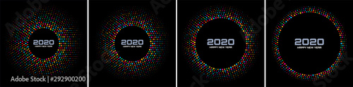 New Year 2020 night background party set. Greeting cards. Rainbow glitter paper confetti. Glistening festive rainbow lights. Glowing circle frame happy new year wishes. Christmas collection. Vector