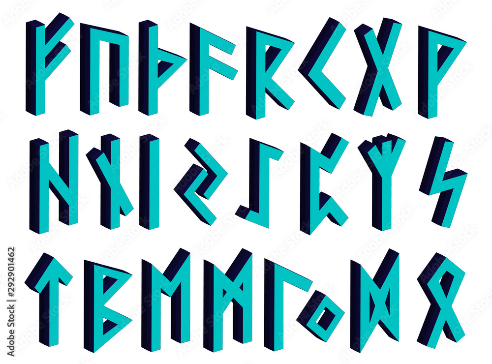 Scandinavian runes 3d blue letters on white background. Scandinavian runes 3d blue letters on white background.