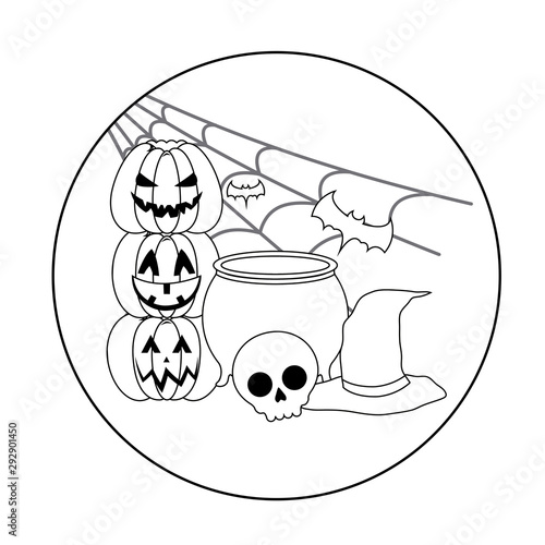 scene of cauldron with icons halloween