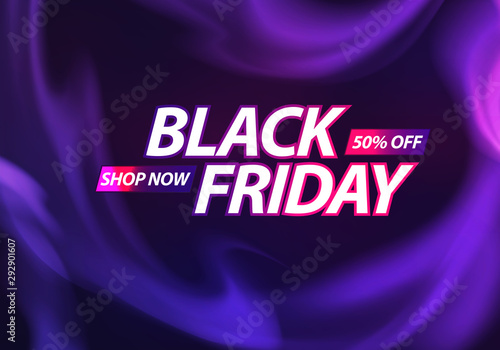 Black Friday Sale Banner. Bright Text on Dark Background with Smoke. Vector Advertising Illustration