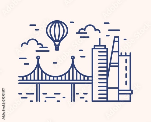 Monochrome outline cityscape with skyscrapers, bridge and hot air balloon flying in the sky. Linear urban picturesque scenery isolated on white background. Modern european view. Vector illustration.