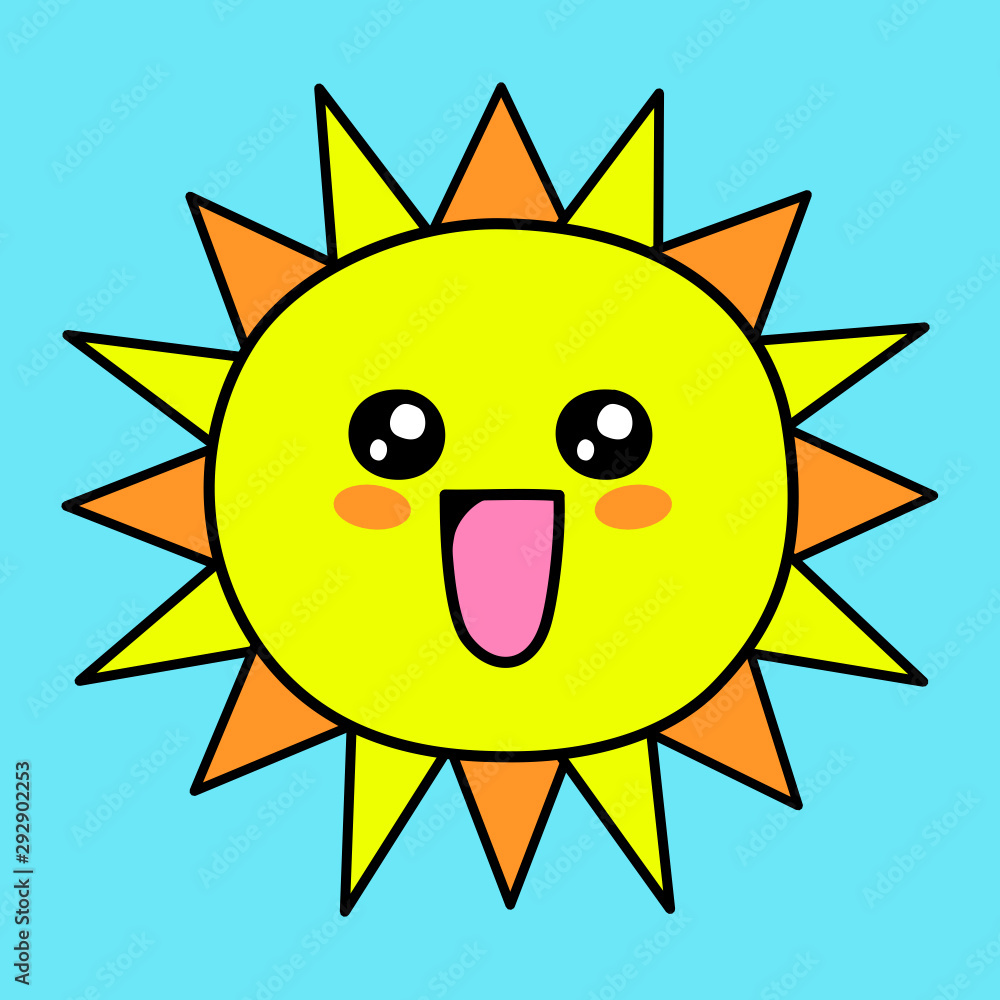 Vector cute illustration of a yellow smiling sun on blue sky - Kawaii style art