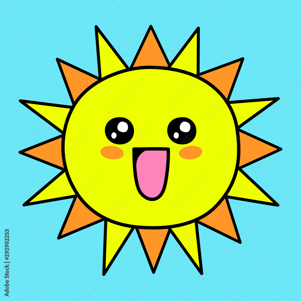 Vector cute illustration of a yellow smiling sun on blue sky - Kawaii style art Vector cute illustration of a yellow smiling sun on blue sky - Kawaii style art