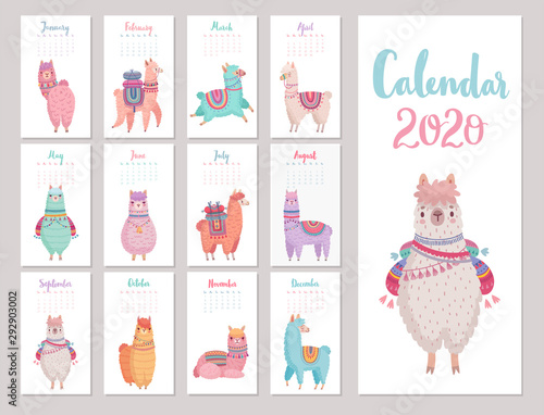 Calendar 2020 with Cute Llamas. Colorful alpacas.