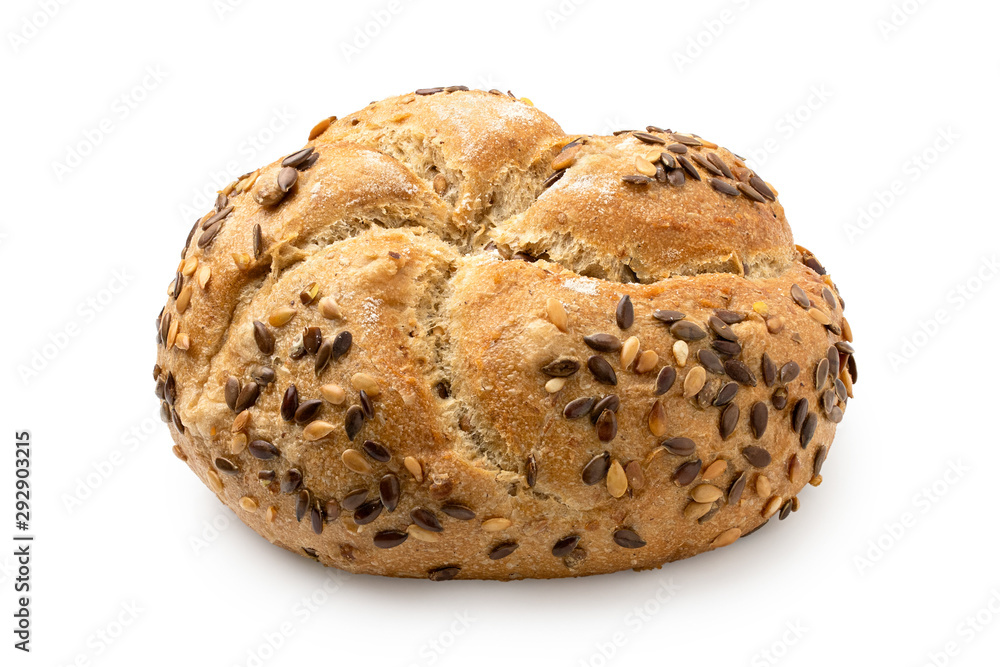 Traditional whole wheat kaiser roll with linseeds and sesame seeds isolated on white. Traditional whole wheat kaiser roll with linseeds and sesame seeds isolated on white.