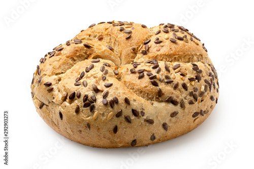 Traditional whole wheat kaiser roll with linseeds and sesame seeds isolated on white.