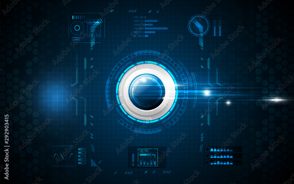 Obraz premium Realistic circle blue button on abstract technology background