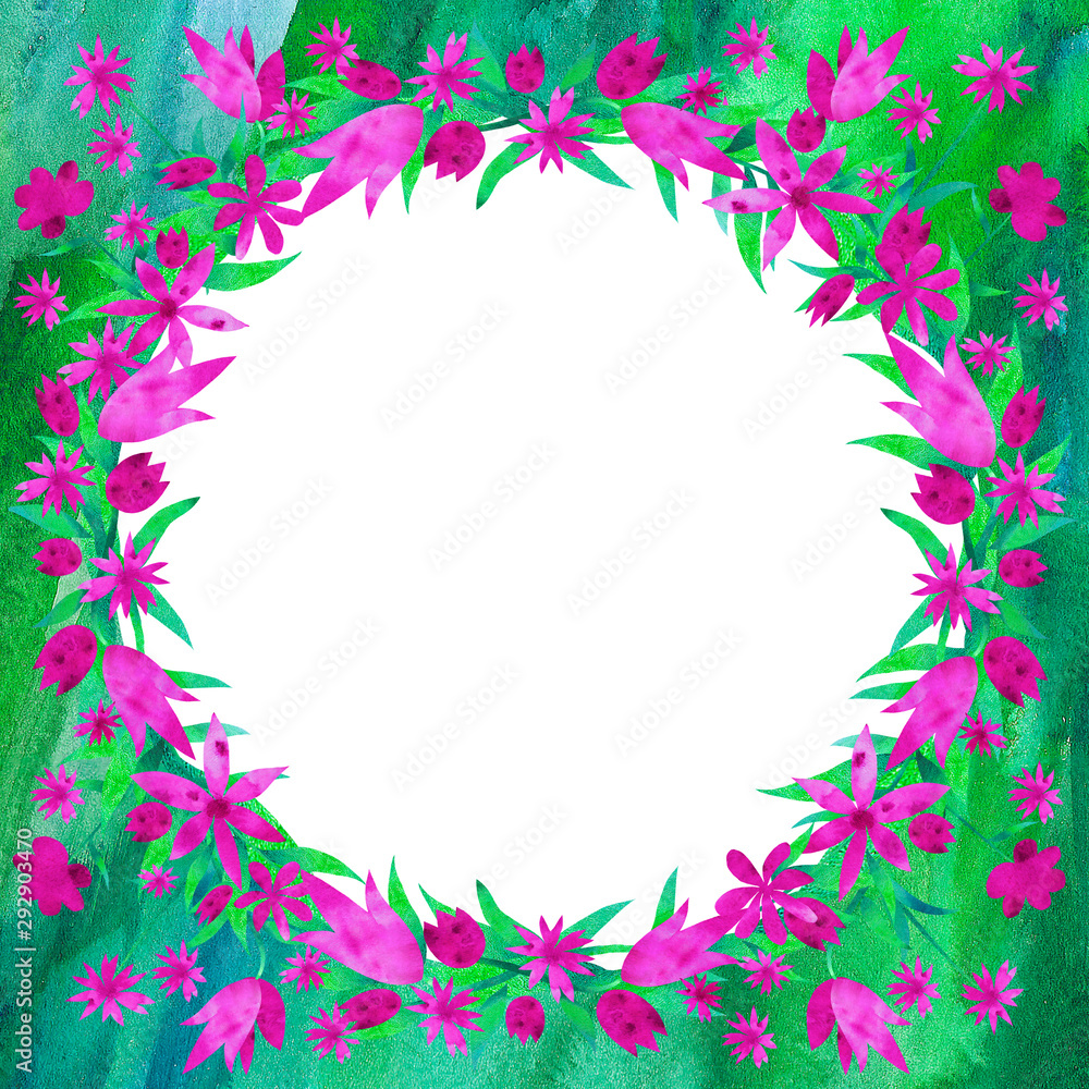 Round frame with abstract pink flowers on a green hand-painted background. Mock up. Watercolor. Floral composition.