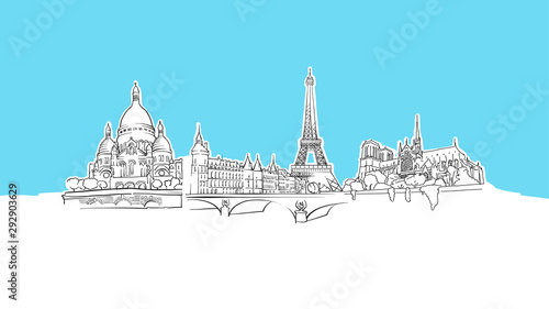 Paris Travel Landmarks Lineart Vector Sketch