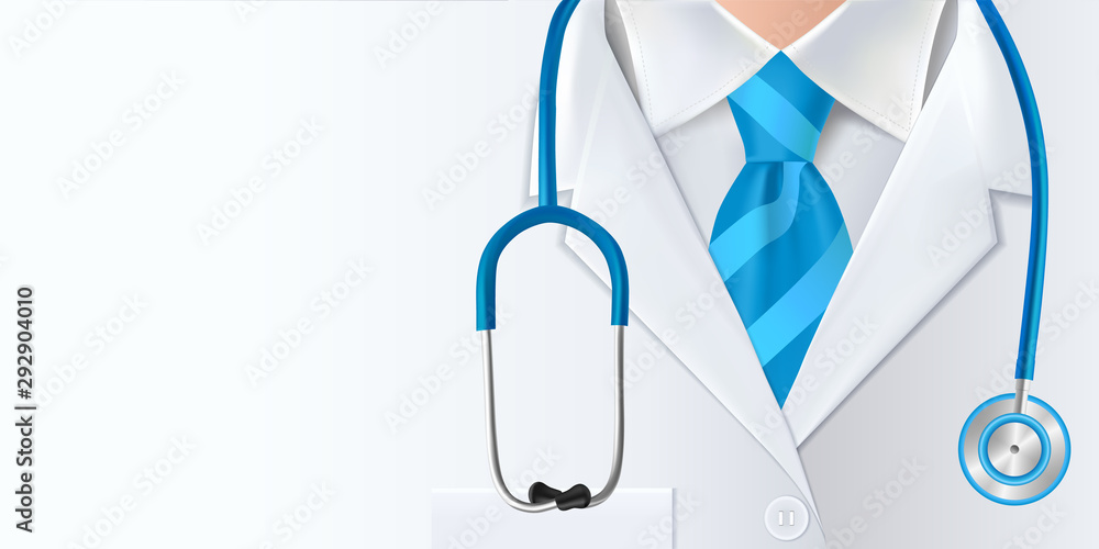 International doctors day background. Medical health care banner  design with doctor, stethoscope and blue necktie. Vector illustration - obrazy, fototapety, plakaty 