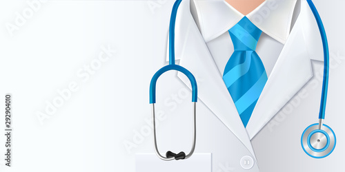 International doctors day background. Medical health care banner  design with doctor, stethoscope and blue necktie. Vector illustration