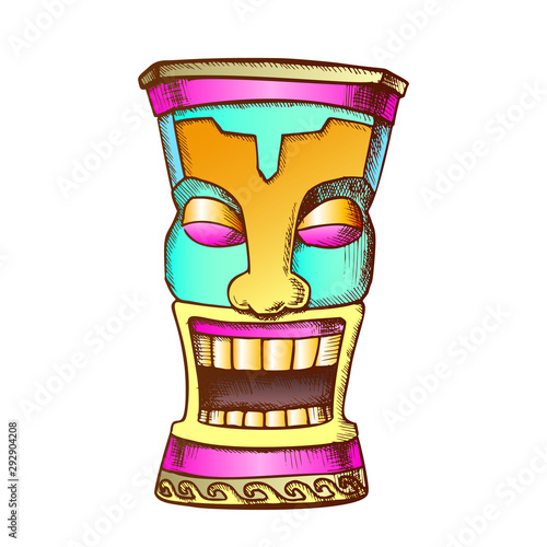 Tiki Idol Carved Wood Funny Totem Vintage Vector. Polynesian Decorative Cheerful Tearful Sculpture Idol. Comical Ritual Object Template Designed In Retro Style Color Illustration
