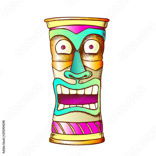 Tiki Idol Carved Wood Crazy Laugh Totem Ink Vector. African Ethnicity Mystery Medieval Tearful Sculpture Idol. Scary Ritual Object Template Designed In Retro Style Color Illustration