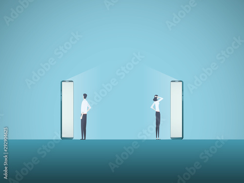 Smartphone communication vector concept with man and woman looking into big screen phones. Symbol of modern connection, internet addiction.