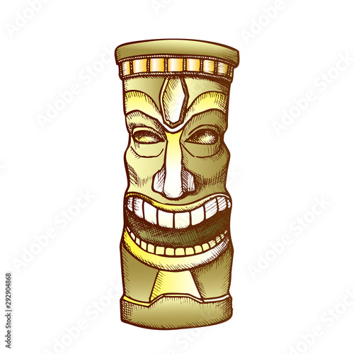 Tiki Idol Carved Wooden Laughing Totem Ink Vector. Mayan Mystery Tribal Indigenous Sculpture Idol God. Ritual Object Template Hand Drawn In Vintage Style Color Illustration