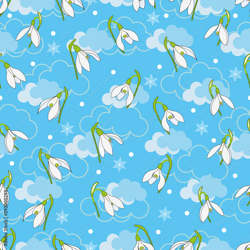 Snowdrop flowers seamless pattern with clouds, snowflakes and dots on blue background. Snowdrop flowers seamless pattern with clouds, snowflakes and dots on blue background.
