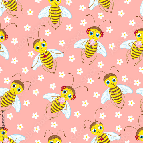 Seamless pattern with bees and flowers. Cute illustration for kids, children and parents. © vectorforjoy