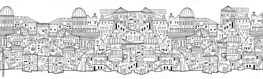 Seamless monochrome border of cityscape. Hand architectural drawing.