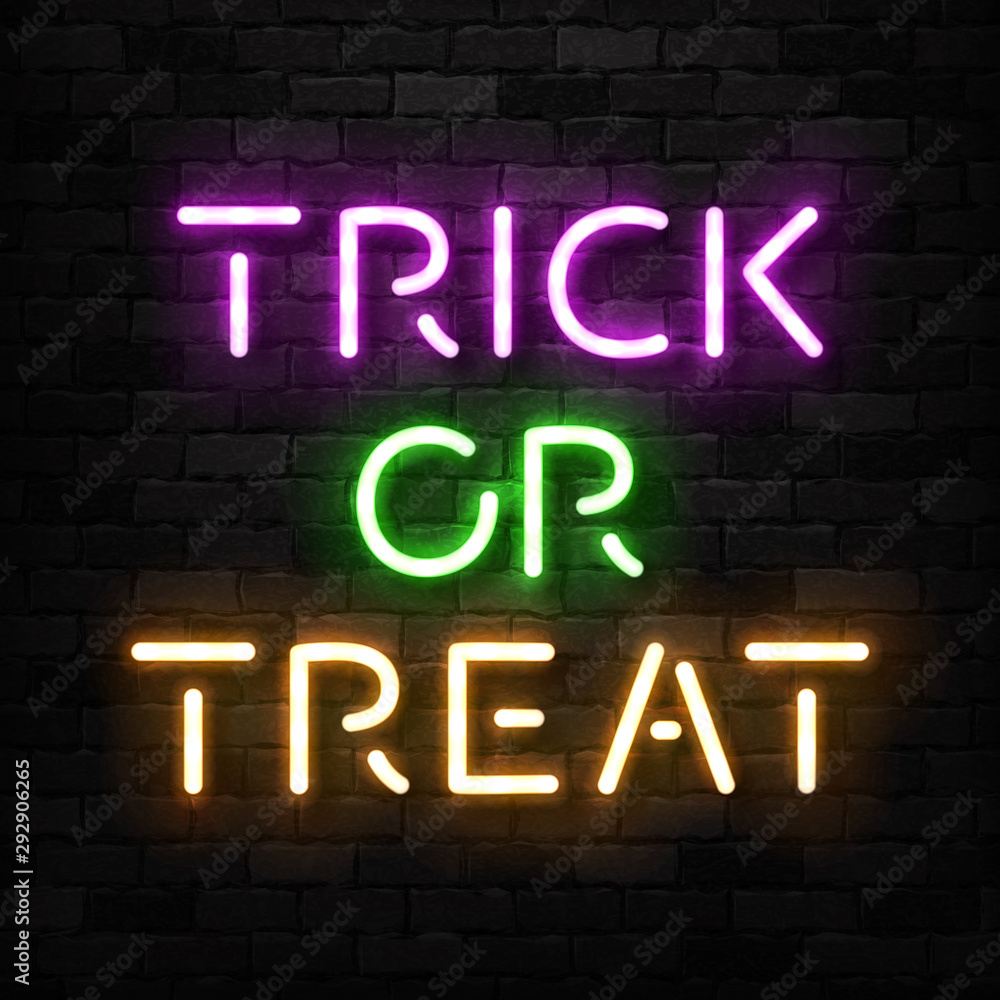 Vector realistic isolated neon sign of Trick or Treat logo for template decoration and invitation covering on the wall background. Concept of Happy Halloween. Vector realistic isolated neon sign of Trick or Treat logo for template decoration and invitation covering on the wall background. Concept of Happy Halloween.