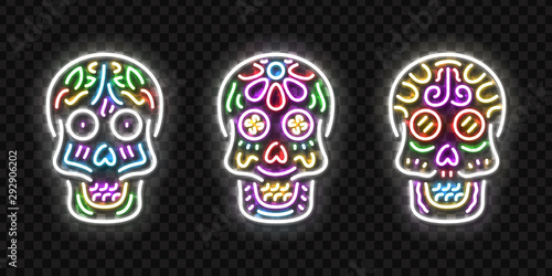 Vector set of realistic isolated neon sign of Skull logo for template decoration and covering on the transparent background. Concept of Dia De Los Muertos, Day of the Dead, Happy Halloween in Mexico.