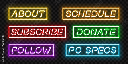Vector set of realistic isolated neon sign of streaming layout logo for template decoration and mockup covering on the transparent background.