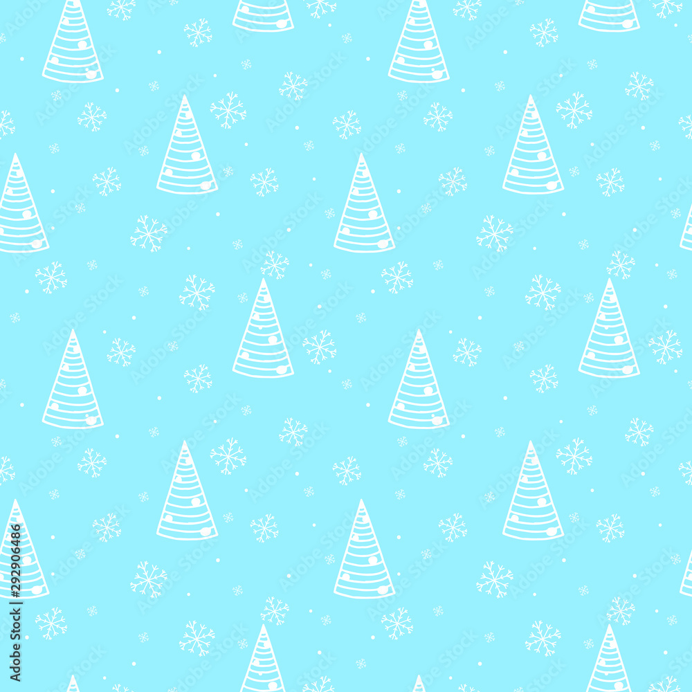 Seamless hand drawn new year and Christmas celebration pattern. Winter holiday doodle pattern on the blue background.