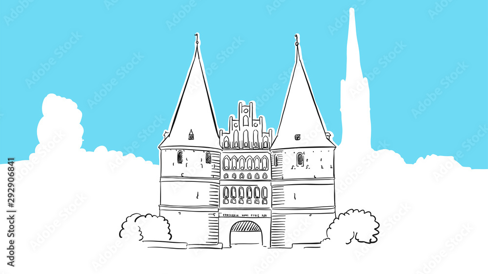 Obraz premium Holstentor Lubeck Lineart Vector Sketch