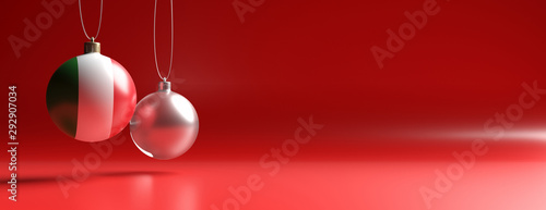 Xmas and italian balls against red color curved background, banner. 3d illustration