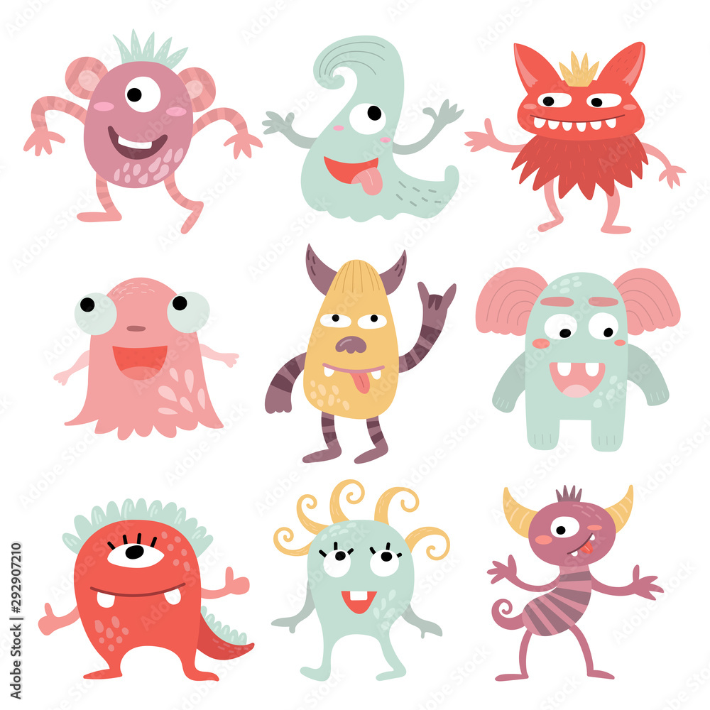 Funny monsters. Lovely monster set for children designs. Sweet smiling creatures in warm colors in vector. Awesome childish collection