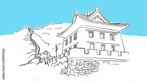 Great Wall With Tower Lineart Vector Sketch
